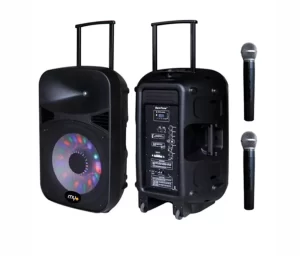 Bocina Portátil MYO 15" con Trípode, 2 Micrófonos, Batería 120W y Subwoofer Negra MYO-15SPBAT