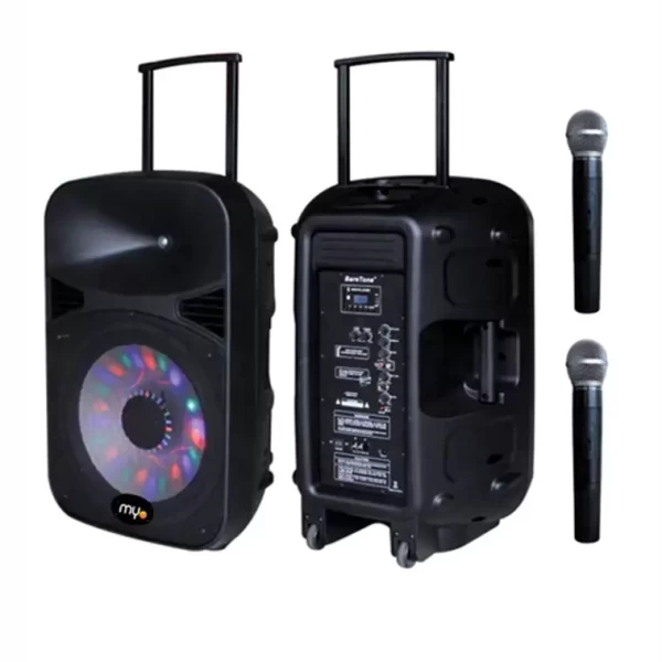 Bocina Portátil MYO 15" con Trípode, 2 Micrófonos, Batería 120W y Subwoofer Negra MYO-15SPBAT