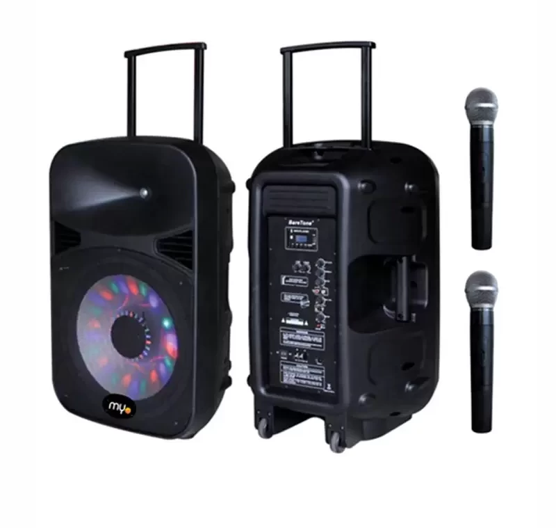 Bocina Portátil MYO 15" con Trípode, 2 Micrófonos, Batería 120W y Subwoofer Negra MYO-15SPBAT