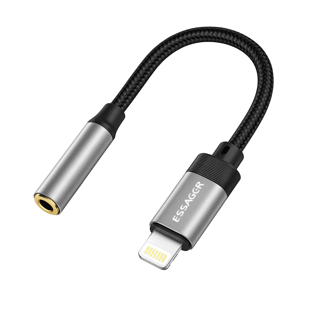 Adaptador de Auriculares Essager Lightning a Jack 3.5 mm Trenzado Gris