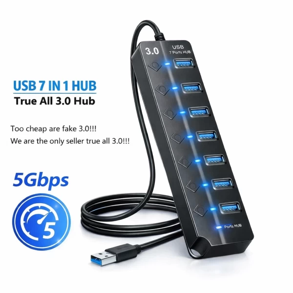 Hub USB 7 Puertos USB 3.0 con Interruptores Individuales 5Gbps