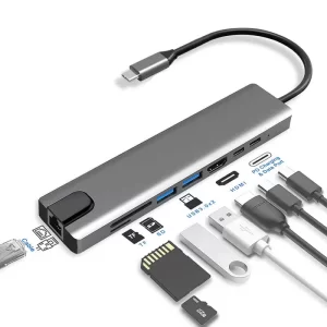 Adaptador Hub USB-C 8 en 1 con HDMI 4K, Ethernet, Lector SD/TF y Carga Rápida PD