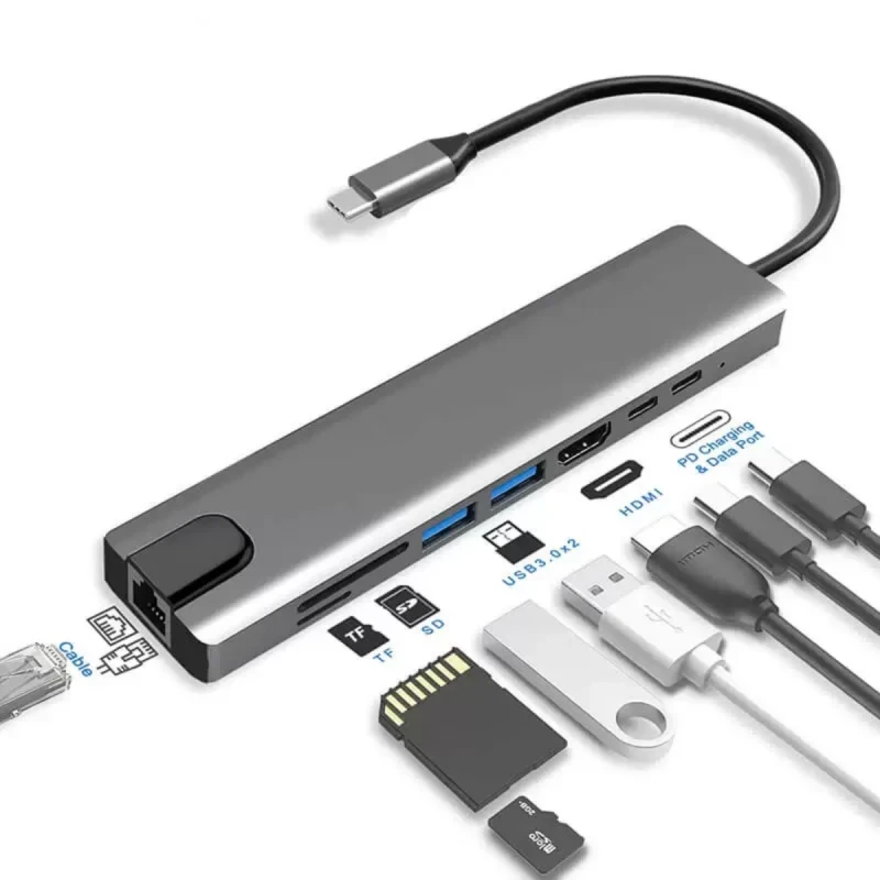 Adaptador Hub USB-C 8 en 1 con HDMI 4K, Ethernet, Lector SD/TF y Carga Rápida PD