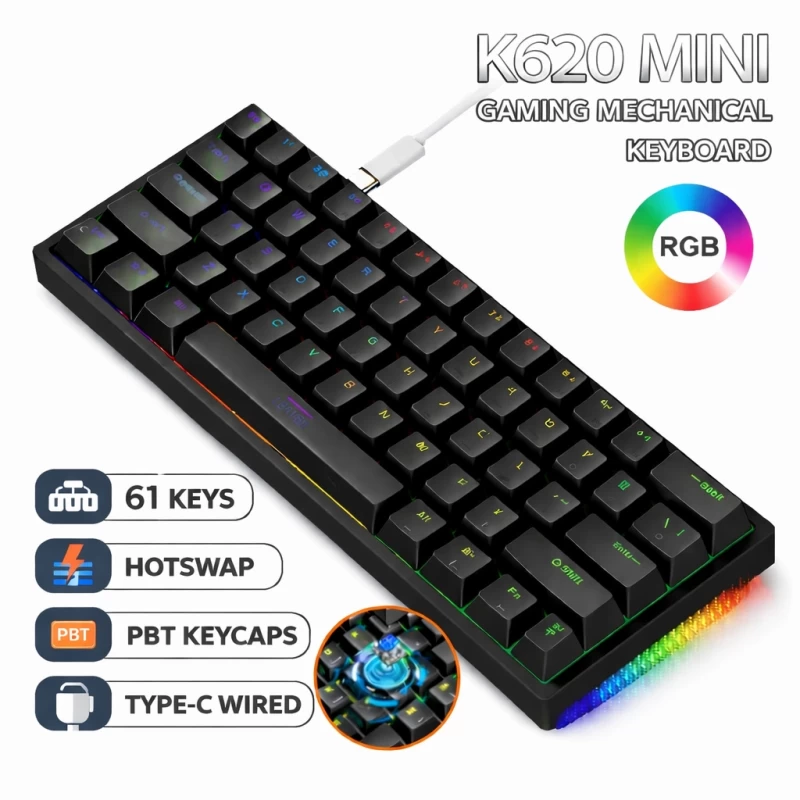 Teclado Mecánico Leaven K620 RGB Negro Hotswap Compacto (2)