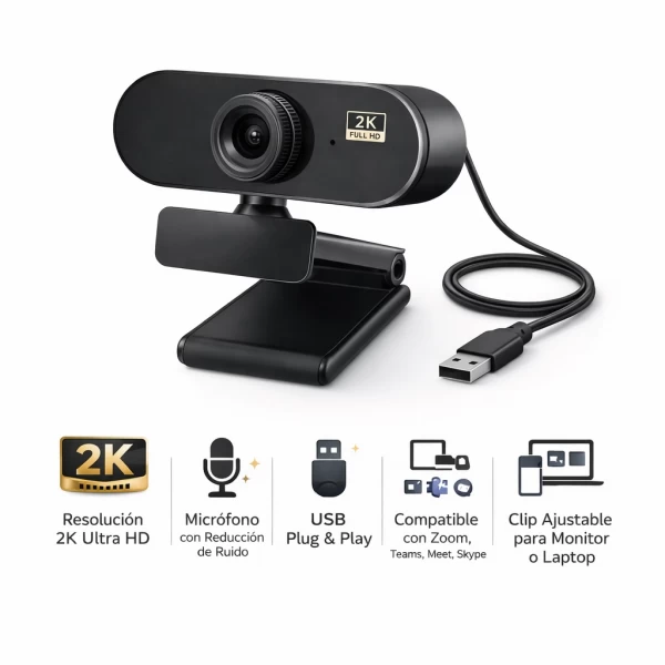 Cámara Web 2K con Micrófono Integrado USB Plug-and-Play