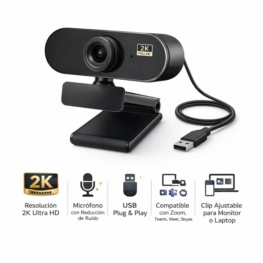 Cámara Web 2K con Micrófono Integrado USB Plug-and-Play