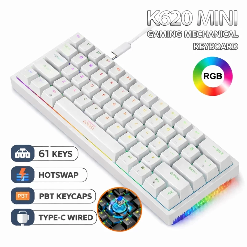 Teclado Mecánico Leaven K620 RGB Blanco Hotswap Compacto