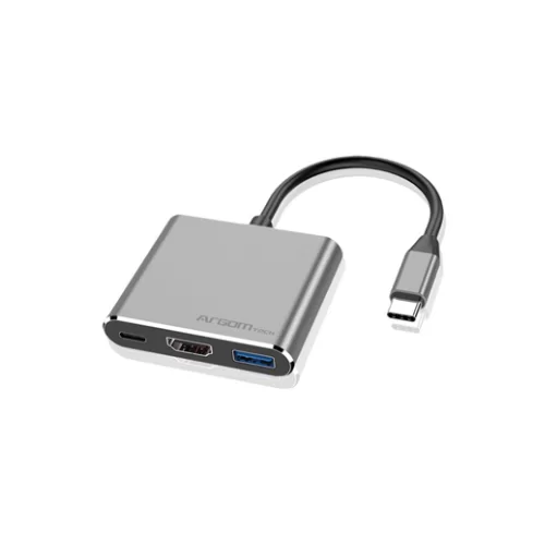 Hub USB-C Argom 3 en 1 con HDMI 4K y USB 3.0 Plateado