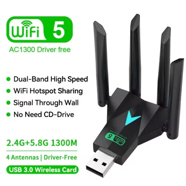 Adaptador De Red USB Wi-Fi 1300 Mbps Doble Banda 4 Antenas USB 3.0