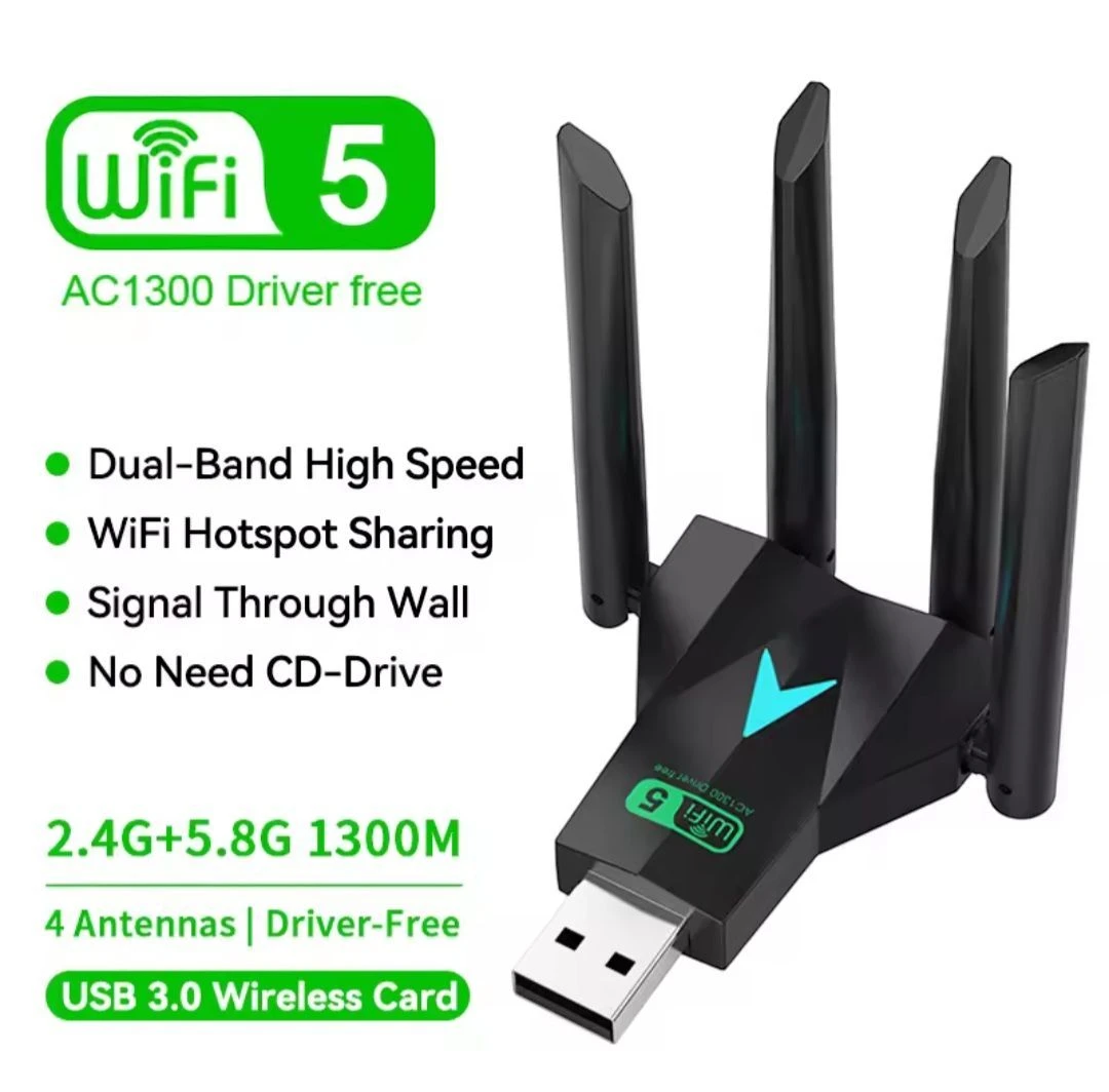 Adaptador de Red USB Wi-Fi 1300 Mbps Doble Banda con 4 Antenas y USB 3.0