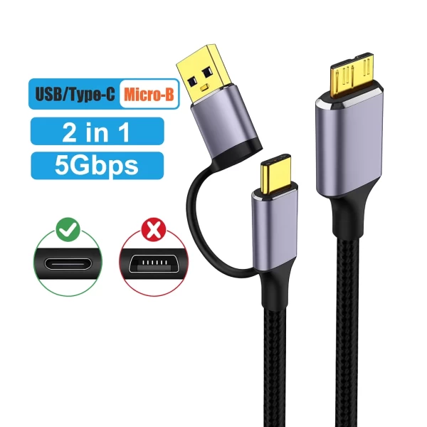 Cable USB 3.0 Tipo A a Micro B con Adaptador Tipo C 5Gbps para Discos Duros Externos
