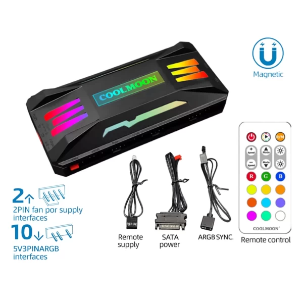 Controlador ARGB Coolmoon PA1 Hub Magnético Negro 10 Puertos 5V 3PIN con Control Remoto