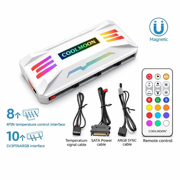 Controlador ARGB Coolmoon PA1 Hub Magnético Blanco 10 Puertos 5V 3PIN con Control Remoto