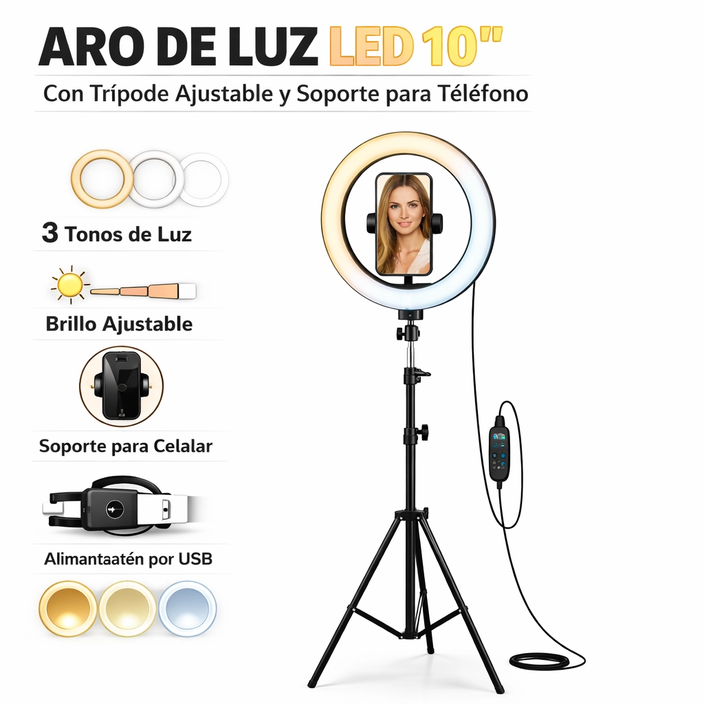 Aro de Luz LED 10 Pulgadas con Trípode y Soporte para Teléfono Altura Ajustable