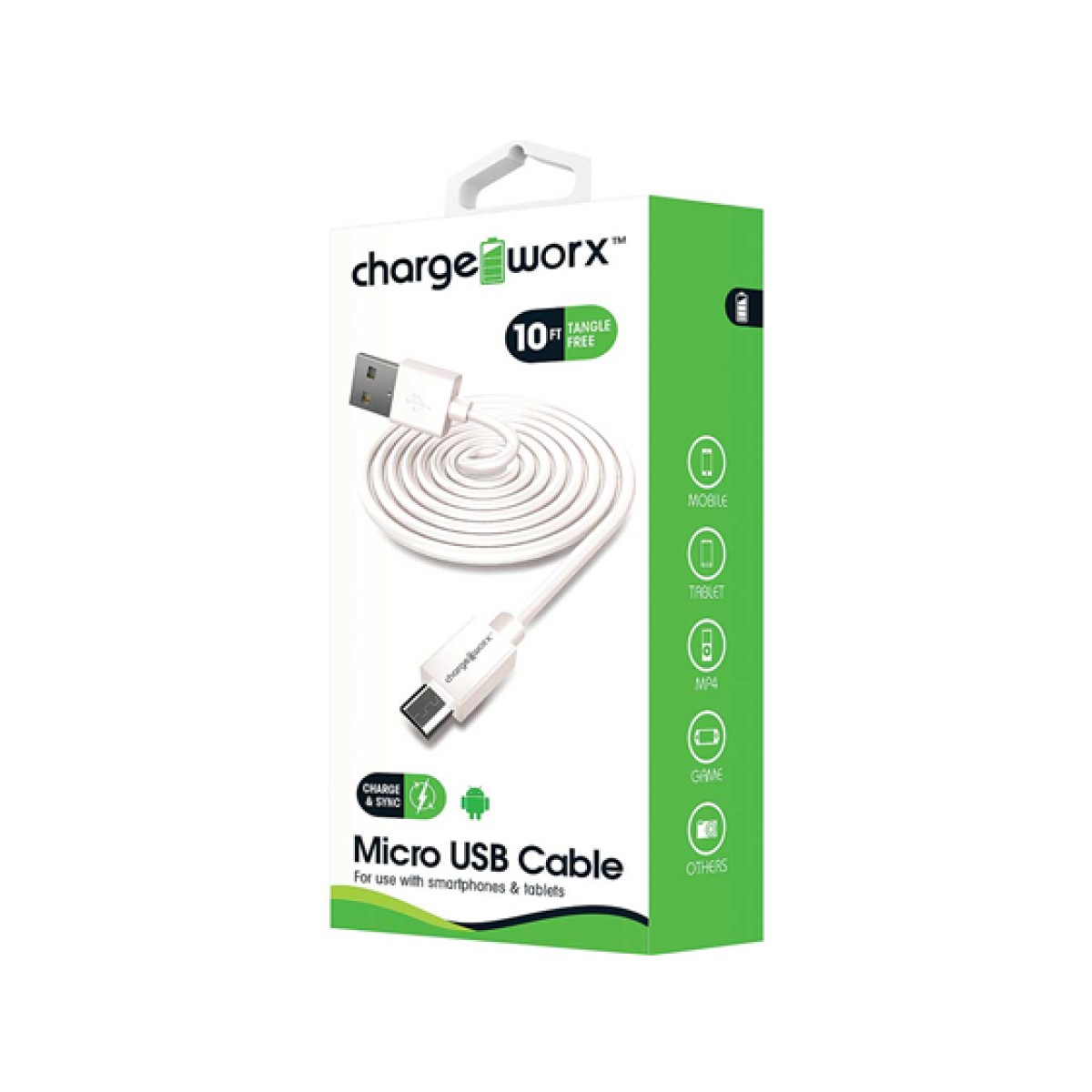 Cable Micro USB Chargeworx 10Ft Blanco Para Smartphones Y Tablets