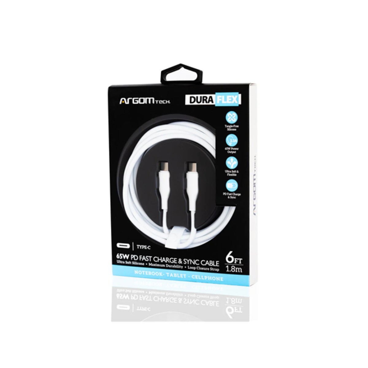 Cable Tipo-C Argom 6 Pies 65W Pd Carga Rápida Flexible Blanco