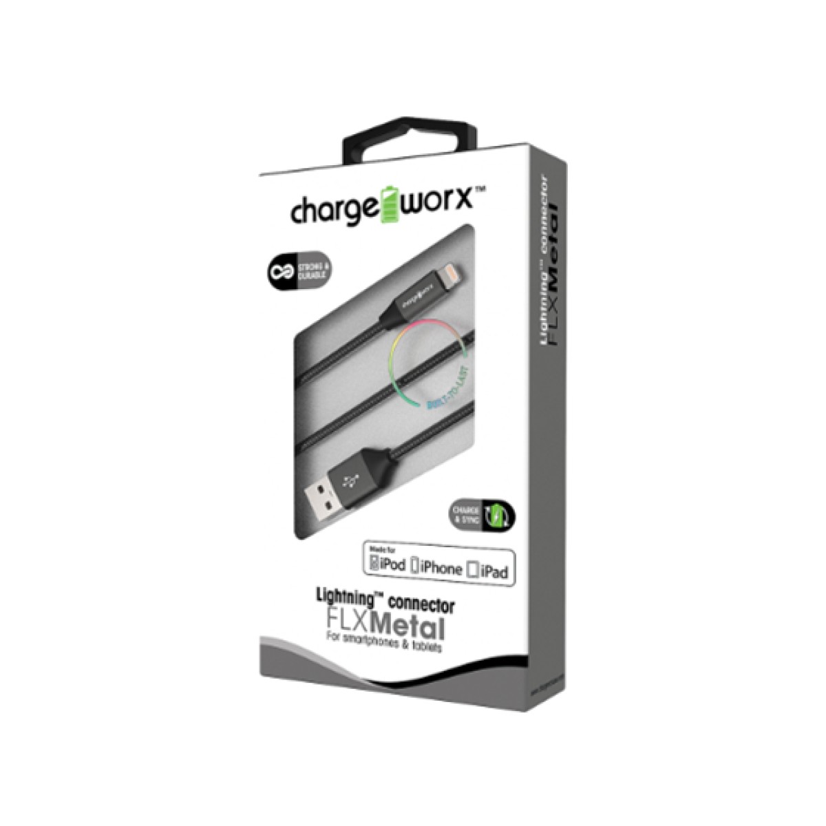 Cable Chargeworx Flx Lightning 3Ft Metalico Negro