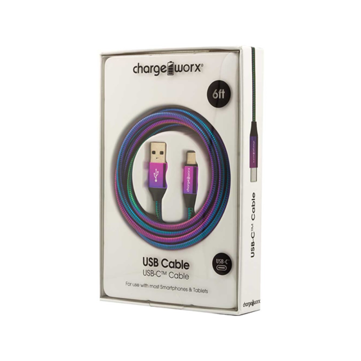 CABLE USB-C CHARGEWORX PARA SMARTPHONES & TABLETS, 6FT, ARCOIRIS, CARGA ULTRA-RAPIDA 480 MBPS