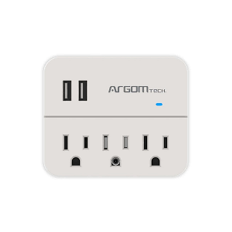 Tomacorriente Argom 3 Salidas 2 Puertos USB Protector Voltaje