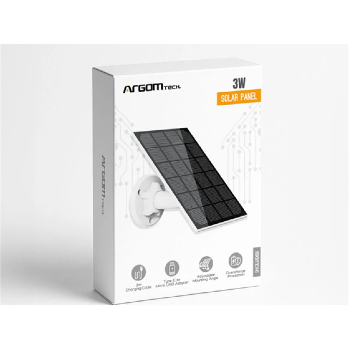PANEL SOLAR ARGOM, 3W, PARA DISPOSITIVOS EXTERIORES CON BATERIA, CABLE DE 10 PIES TYPE-C, IP65, ADAPTADOR TYPE-C A MICRO USB, PARA CAMARAS IP Y TIMBRES CON BATERIA