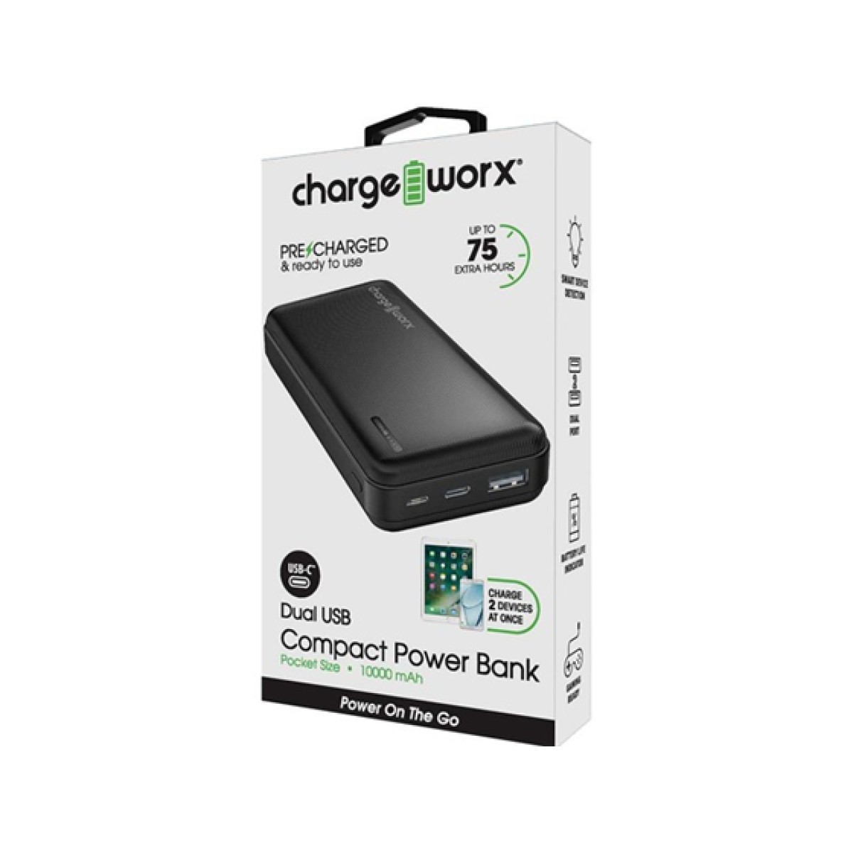 CARGADOR MOVIL (POWER BANK) CHARGEWORX, BATERIA RECARGABLE  10,000 MAH,DUAL USB, CARGA RAPIDA, NEGRO