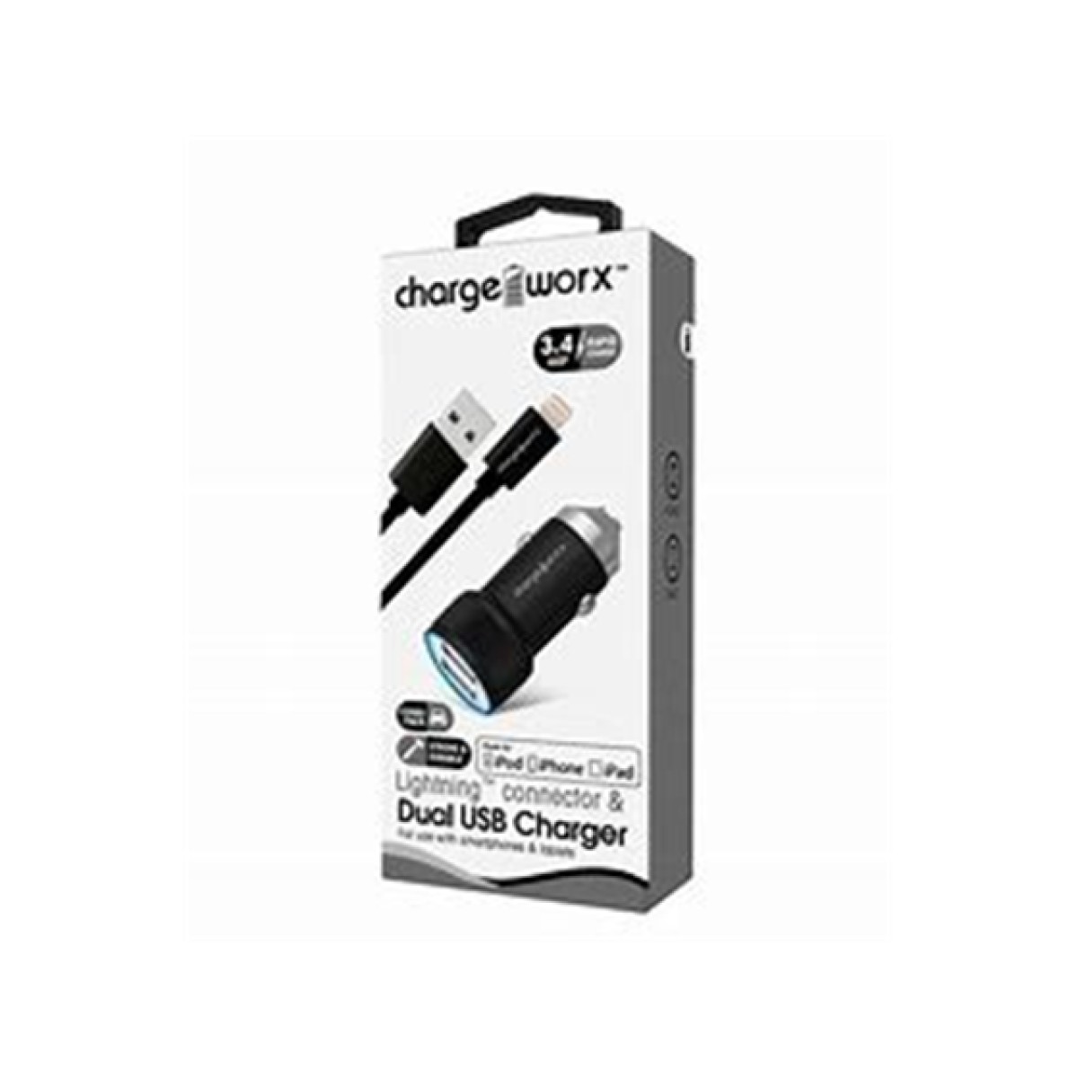 CARGADOR PARA CARRO CHARGEWORX, CABLE  LIGHTNING + CARGADOR PARA CARRO DUAL, NEGRO, (CX3045BK).