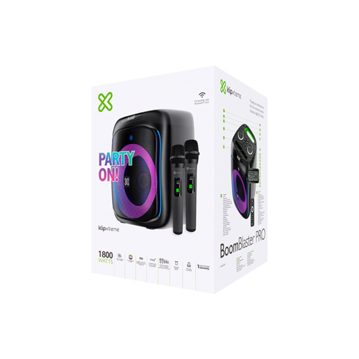 BOCINA KLIPX EXTREME BOOMBLASTER X, 1800 WATTS RMS, HASTA 7 HORAS DE REPRODUCCION, LUCES LED, 2 MICROFONOS INCLUIDOS, COMPATIBLE CON TWS, BT 5.0, MICRO SD,  (KLS-655-2M)
