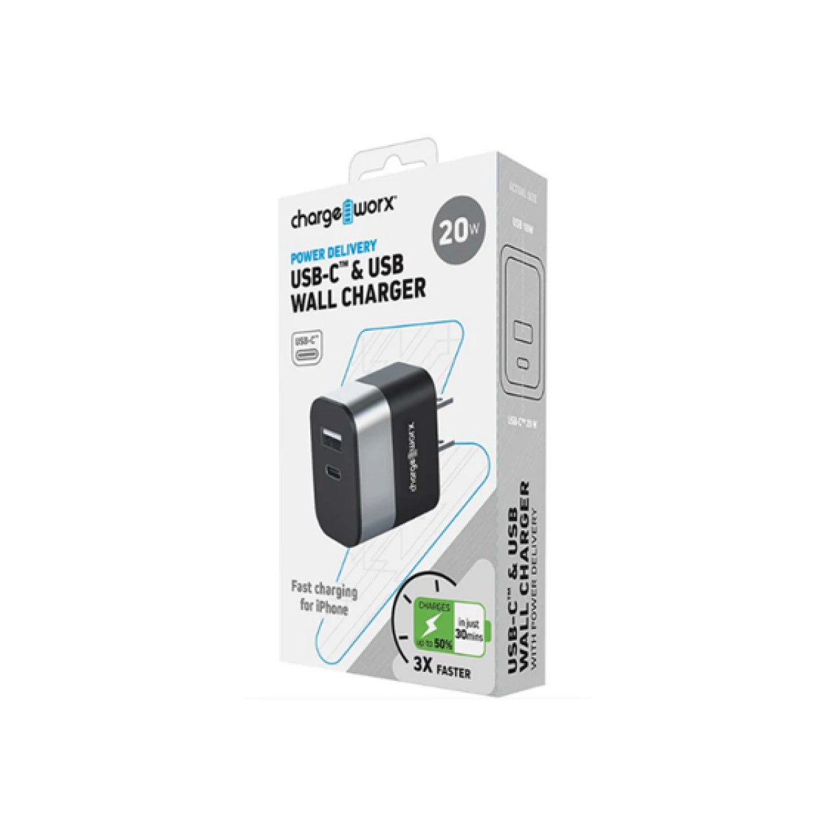 Cargador De Pared Chargeworx Dual USB Y USB C 20W Negro
