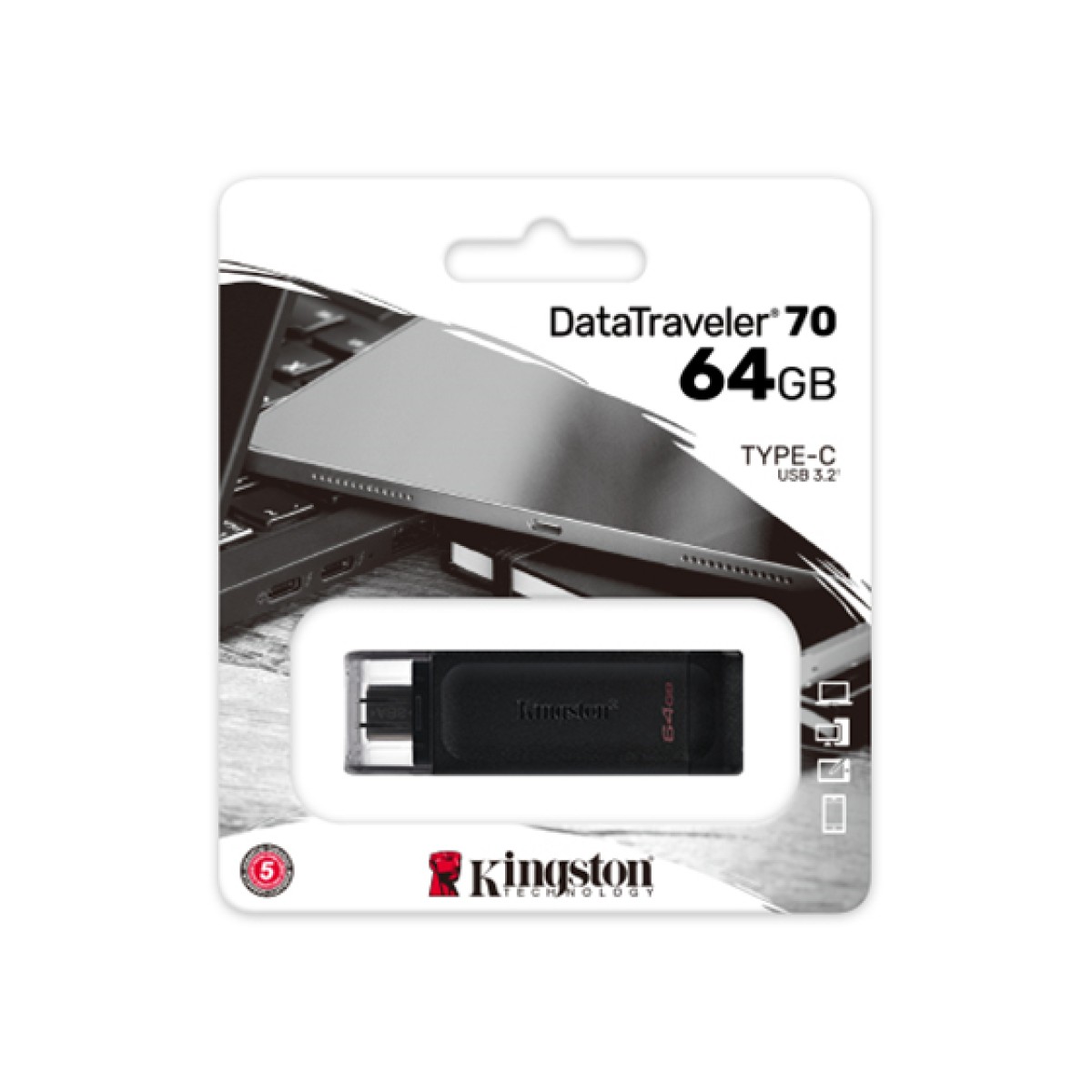 MEMORIA USB TIPO C 64GB KINGSTON, 3.2 GEN 1 DATATRAVELER 70 KINGSTON, (USB-C)  DATA TRAVELER 70 (NEGRO).