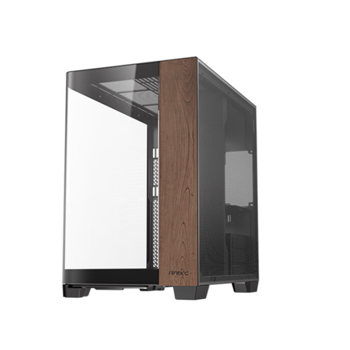 CASE GAMING ANTEC C8 CURVE WOOD CONSTELLATION SERIES DUAL CHAMBER MID-TOWER. COLOR NEGRO. PANEL FRONTAL CURVO CON ACABADO DE MADERA Y PANELES LATERALES DE VIDRIO TEMPLADO PARA VISTA PANORÁMICA DE 270°. DISEÑO DE DOBLE CÁMARA PARA GESTIÓN DE CABLES Y REFRIGERACIÓN ÓPTIMA. SOPORTA PLACAS BASE E-ATX, ATX, MICRO-ATX E ITX. CONECTIVIDAD FRONTAL: DOS PUERTOS USB 3.0, UN PUERTO USB TIPO-C Y UN PUERTO DE AUDIO HD. GESTIÓN DE CABLES: 90MM EN LA CÁMARA TRASERA. ALTURA MÁXIMA DISIPADOR CPU: 175MM. LONGITUD MÁXIMA GPU: 440MM. CAPACIDAD PARA CUATRO UNIDADES DE 3.5" Y CINCO DE 2.5". FUENTE DE PODER ATX (HASTA 240MM). FILTROS DE POLVO REMOVIBLES SUPERIOR, INFERIOR Y LATERAL.