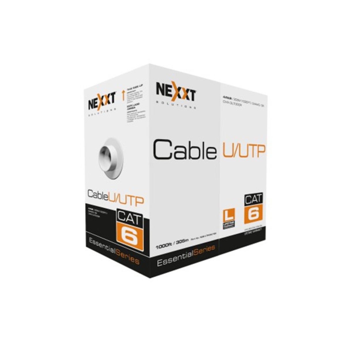 ROLLO DE CABLE UTP NEXXT, CAT6, 1000 PIES, 24 AWG, 100% COBRE, EXTERIOR, CHAQUETA TIPO CMX, 4 PARES, 250HZ, NEGRO.