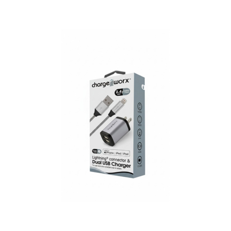 Cargador De Pared Dual USB-A Con Conector Lightning Chargeworx 3Ft Plateado