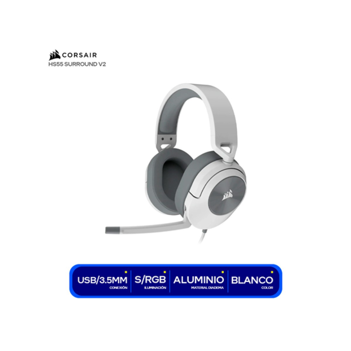 AUDIFONO CON MICROFONO CORSAIR HS55 SURROUND V2, GAMING, STEREO , DOLBY ATMOS EN PC, CONECTOR 3.5", BANDA AJUSTABLE, CONTROL DE VOLUMEN Y MIC, ALMOHADILLAS ACOLCHADAS PARA LARGAS HORAS DE JUEGO, COMPATIBLE CON XBOX ONE / X, PS4 / 5, COLOR WHITE, (CA-9011390-NA)