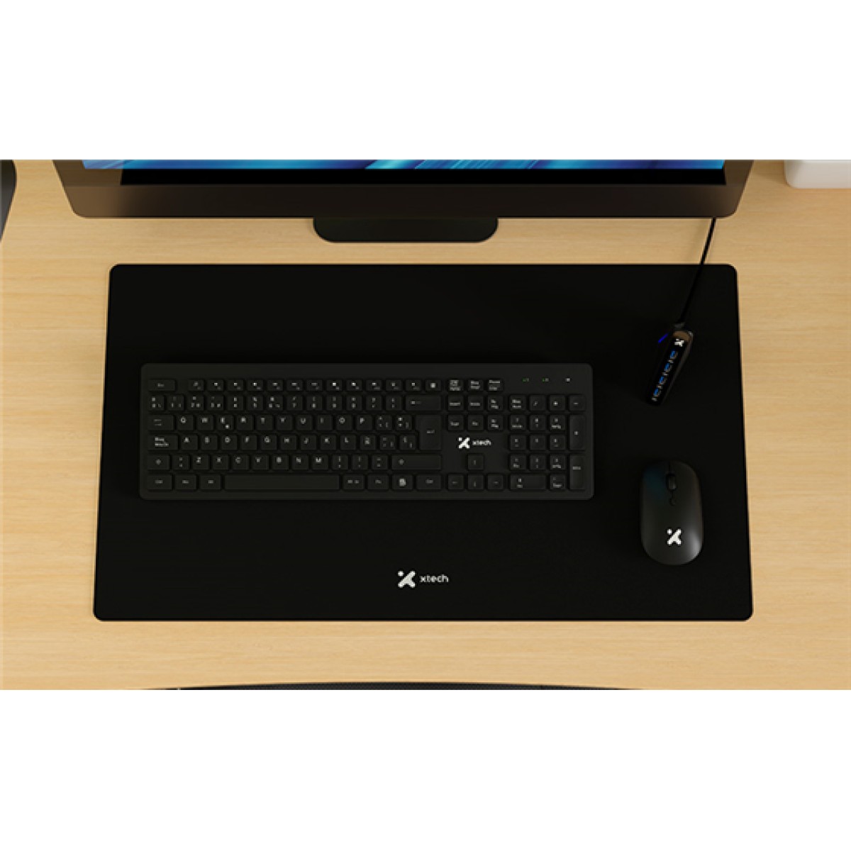 TECLADO MOUSE XTECH COMBO CON MOUSE PAD Y HUB USB 4 PUERTOS, WIRELESS, OPTICAL MOUSE, ESPAÑOL. NEGRO