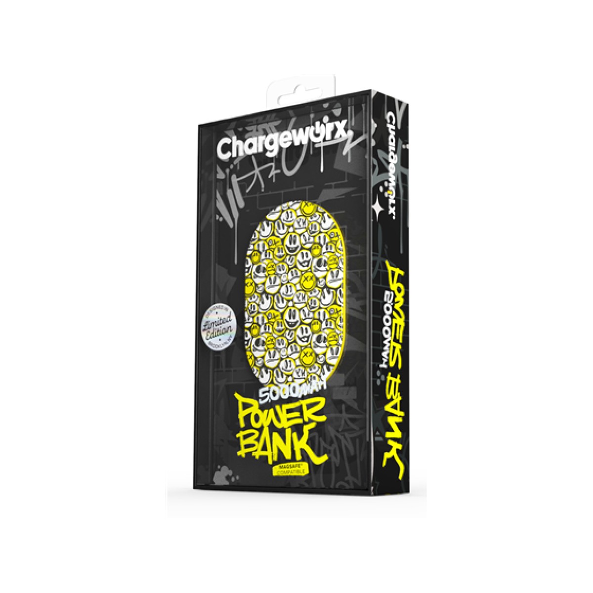 CARGADOR MOVIL (POWER BANK)  CHARGEWORX, 5,000MAH, CARGA RAPIDA, USB-C, COMPATIBLE MAGSAFE, COLOR NEGRO/SMILE FACE AMARILLO (CX6909GRFT2)