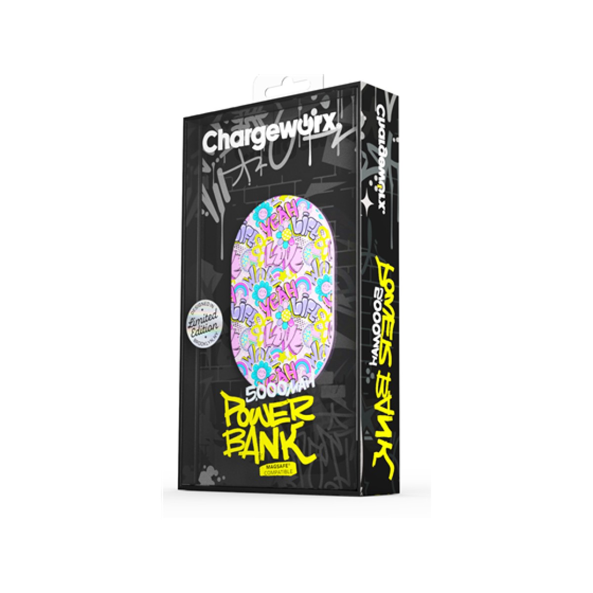 CARGADOR MOVIL (POWER BANK)  CHARGEWORX, 5,000MAH, CARGA RAPIDA, USB-C, COMPATIBLE MAGSAFE, COLOR ROSA/GRAFITI MULTICOLOR (CX6909GRFT1)