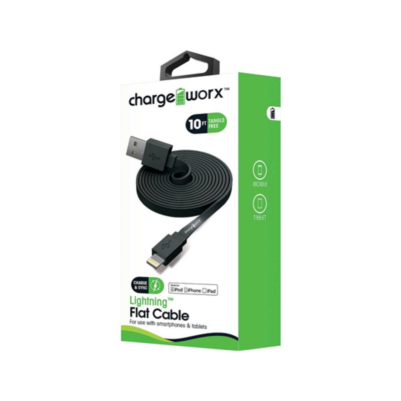 Cable Plano Lightning Chargeworx 10Ft Negro Para Smartphones Y Tablets