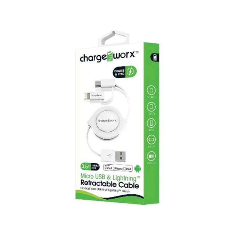 Cable Chargeworx USB Lightning Micro USB 3ft Blanco