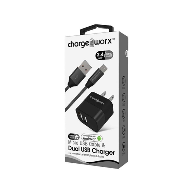 Cargador De Pared Chargeworx Dual USB 2.4amp Con Cable Micro USB 3ft Negro