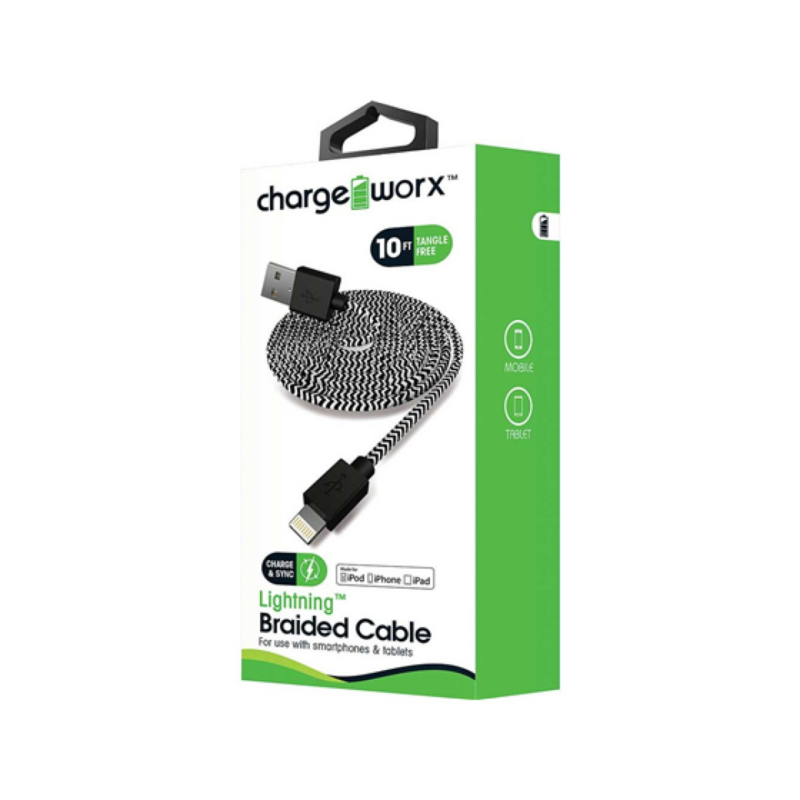 Cable Trenzado Lightning Chargeworx 10Ft Negro Blanco
