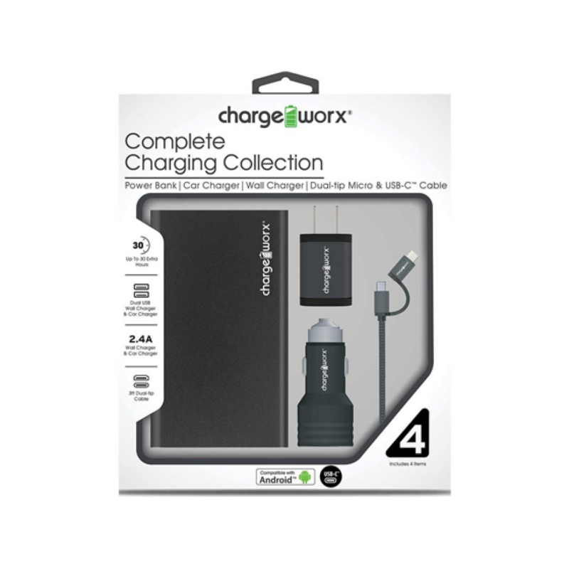 Kit Power Bank 30Hrs Con Cargador Pared, Auto Y Conector Lightning 3Ft Negro