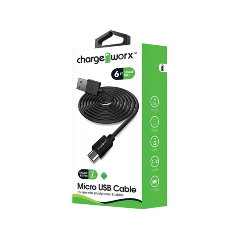 Cable Micro USB Chargeworx 6ft Negro Para Smartphones Tablets