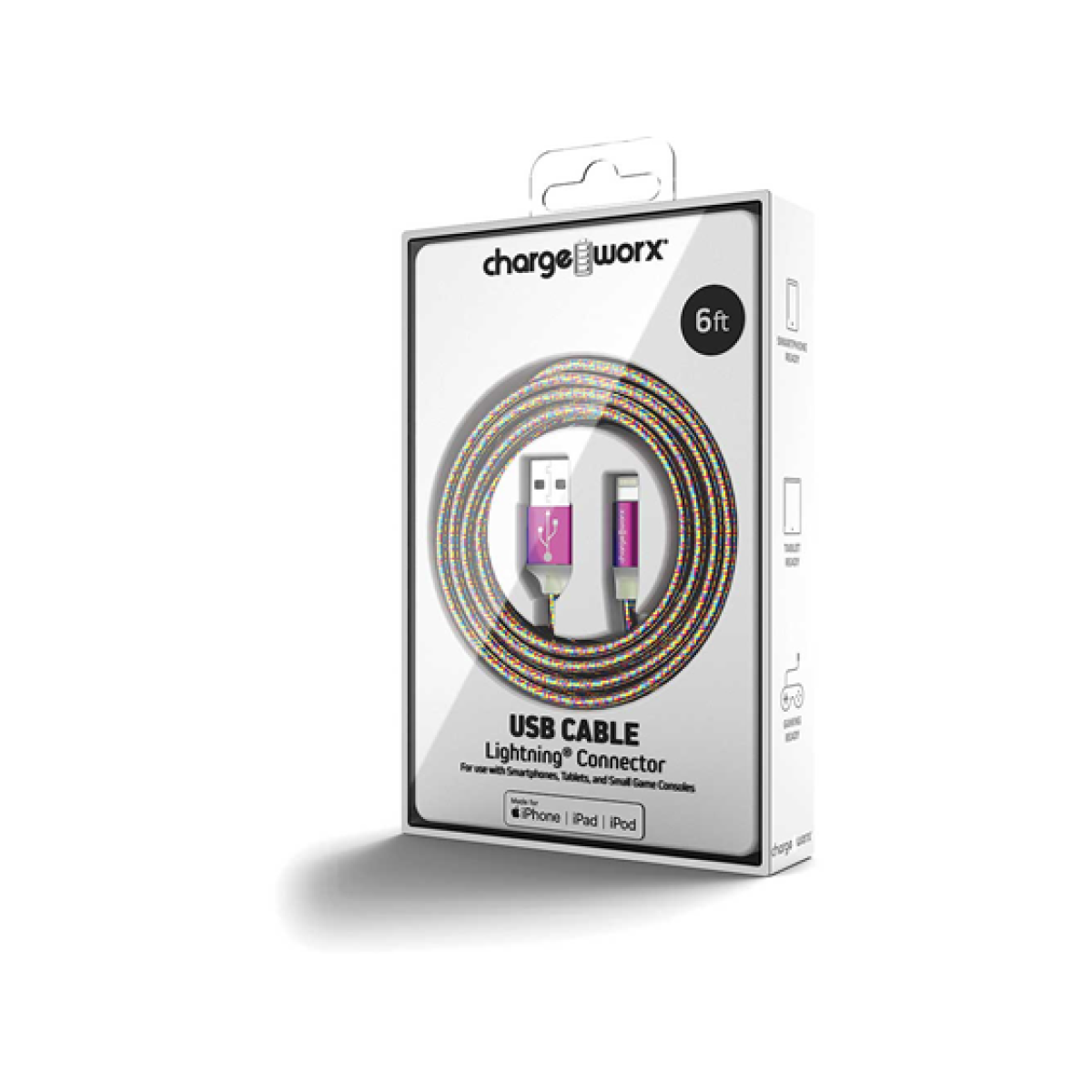 Cable Lightning USB-A Trenzado Multicolor 6Ft Para Smartphones Tablets