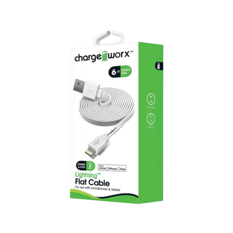Cable Plano Lightning Chargeworx 6Ft Blanco Para Smartphones Y Tablets