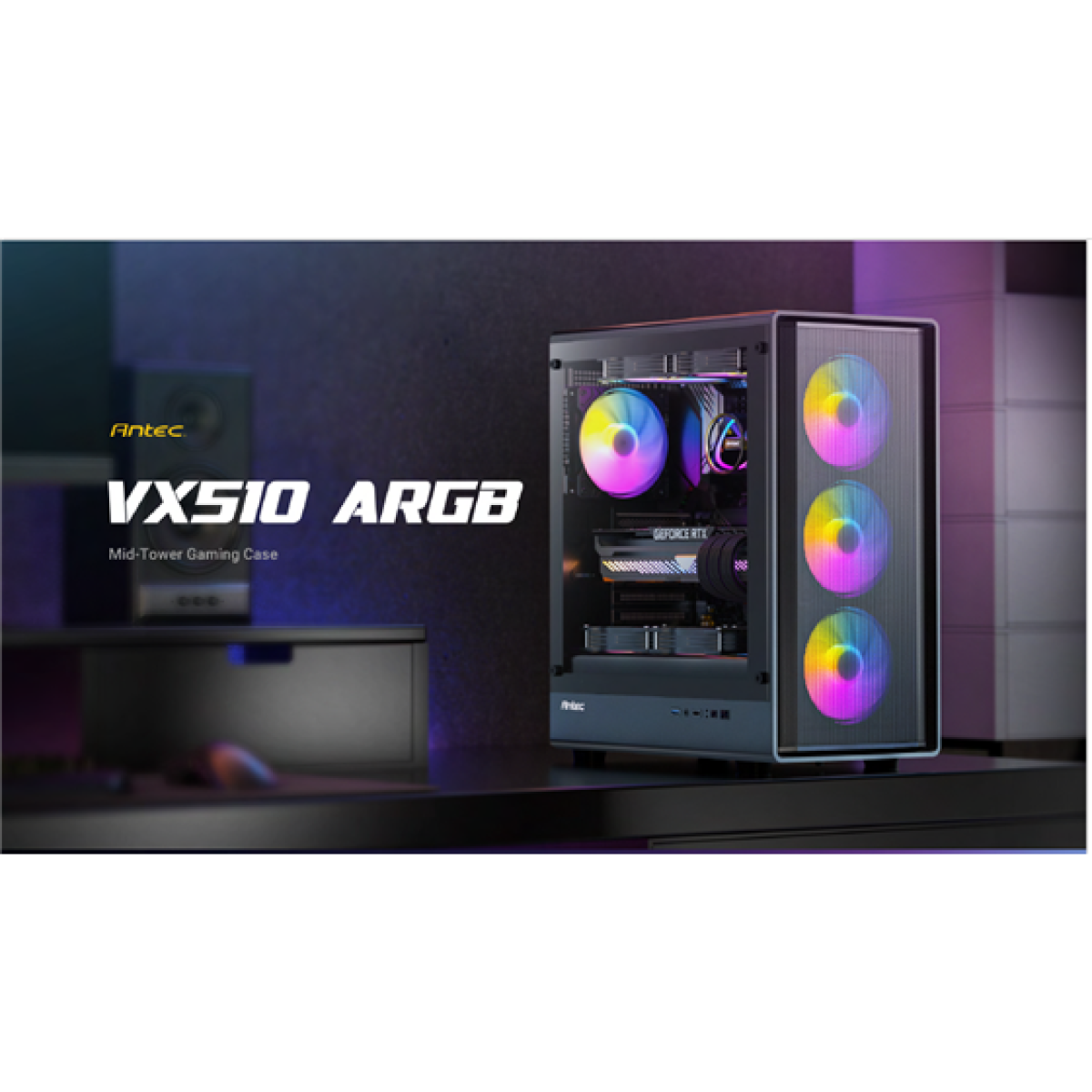 CASE GAMING ANTEC VX510 ARGB MID-TOWER. DISEÑO DE ALTO FLUJO DE AIRE CON AMPLIAS APERTURAS FRONTALES PARA OPTIMIZAR LA VENTILACIÓN Y PROTECCIÓN CONTRA EL POLVO. PANEL LATERAL DE VIDRIO TEMPLADO. INCLUYE CUATRO VENTILADORES ARGB DE 120MM PREINSTALADOS (TRES FRONTALES Y UNO TRASERO). CONECTIVIDAD FRONTAL EN PANEL I/O: BOTÓN DE ENCENDIDO, BOTÓN DE CONTROL LED Y CONECTOR COMBO DE AUDIO/MICRÓFONO. SOPORTA PLACAS BASE ATX, MICRO-ATX E ITX. ALTURA MÁXIMA DISIPADOR CPU: 175MM. LONGITUD MÁXIMA DE TARJETA GRÁFICA (GPU): 325MM. CAPACIDAD TOTAL PARA HASTA OCHO VENTILADORES DE 120MM SIMULTÁNEOS.
