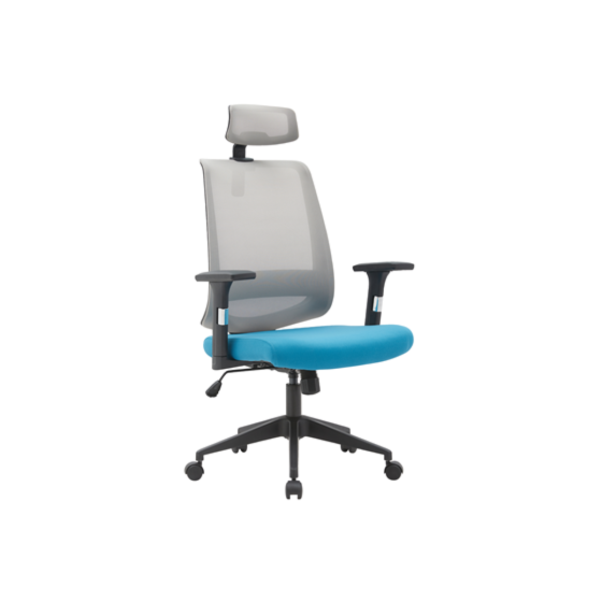 SILLA DE OFICINA MYO, TEJIDO DE MALLA, REPOSA BRAZOS, REPOSA CABEZA, SOPORTE LUMBAR, GRIS / AZUL (SIT-M315G)