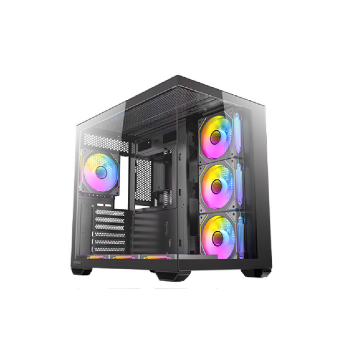 CASE GAMING ANTEC CX MIRROR BLACK MID-TOWER. POSEE UN DISEÑO PANORÁMICO DE 270 GRADOS CON PANELES DE VIDRIO TEMPLADO EN EL FRONTAL Y EL LATERAL SIN PILARES OBSTACULIZANDO LA VISTA. INCLUYE SEIS VENTILADORES ARGB DE 120MM PREINSTALADOS PARA UN FLUJO DE AIRE MASIVO. SOPORTA PLACAS BASE ATX, MICRO-ATX E ITX. OFRECE ESPACIO PARA RADIADORES DE HASTA 360MM EN LA PARTE SUPERIOR, DISIPADORES DE CPU DE HASTA 160MM Y TARJETAS GRÁFICAS DE HASTA 415MM DE LONGITUD.