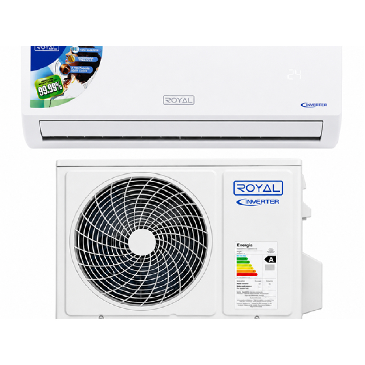 AIRE ACONDICIONADO ROYAL 12,000 BTU, SPLIT, INVERTER (EFICIENCIA SEER 19), 220V / 60HZ, UTILIZA EL REFRIGERANTE R32 ECO-FRIENDLY, (PRODUCTO COMPLETO INCLUYE CONSOLA)