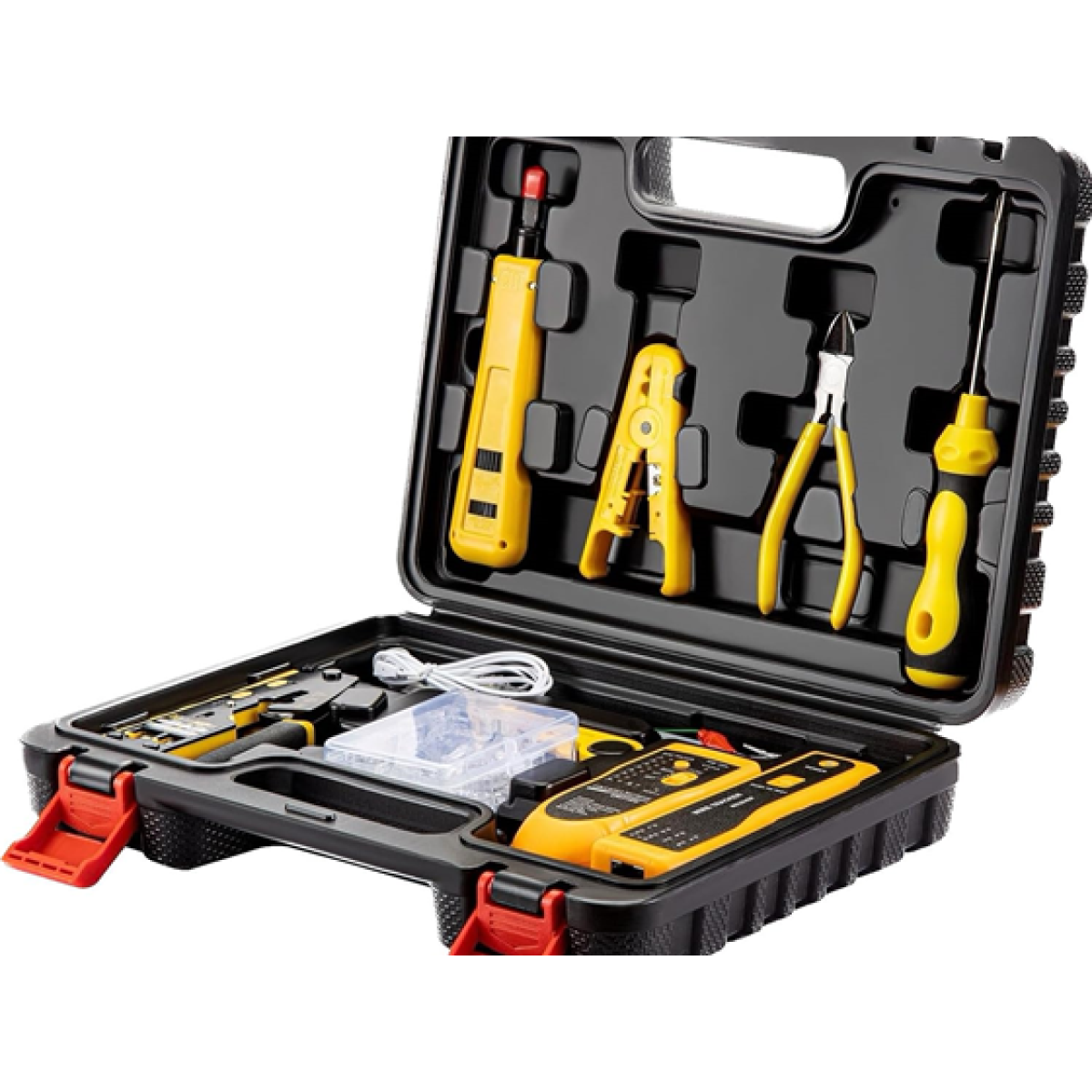 CAJA DE HERRAMIENTAS DASXSKJ PARA REDES, INCLUYE: CRIMPING TOOL PARA CONECTORES PASS THROUGH CAT6 / CAT5E, RASTREADOR DE FALLAS EN EL CABLE, PUCHDOWN TOOL, PELADORA DE CABLE, CONECTORES RJ45, PINZA DE CORTE, TESTER DE CABLE, DESTORNILLADOR DE ESTRIAS
