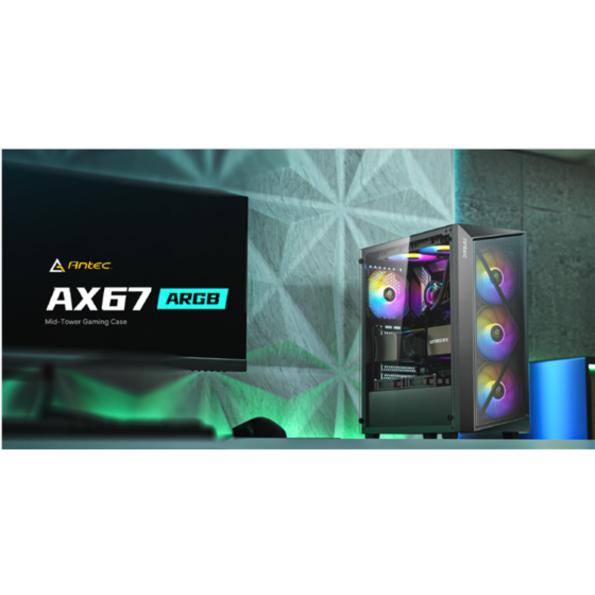 CASE GAMING ANTEC AX67 ARGB MID-TOWER. DISEÑO DE PANEL FRONTAL DE MALLA GEOMÉTRICA PARA UN FLUJO DE AIRE ALTAMENTE EFICIENTE Y ESTILO MODERNO. PANEL LATERAL DE VIDRIO TEMPLADO. INCLUYE CUATRO VENTILADORES ARGB DE 120MM PREINSTALADOS CON SOPORTE PARA SINCRONIZACIÓN CON PLACA BASE. CONECTIVIDAD FRONTAL: UN PUERTO USB 3.0, DOS PUERTOS USB 2.0, AUDIO HD Y BOTÓN DE CONTROL LED. SOPORTA PLACAS BASE ATX, MICRO-ATX E ITX. ALTURA MÁXIMA DISIPADOR CPU: 160MM. LONGITUD MÁXIMA GPU: 345MM (SIN RADIADOR FRONTAL). ESPACIO PARA GESTIÓN DE CABLES DE HASTA 24MM. CAPACIDAD PARA HASTA OCHO VENTILADORES DE 120MM SIMULTÁNEOS.